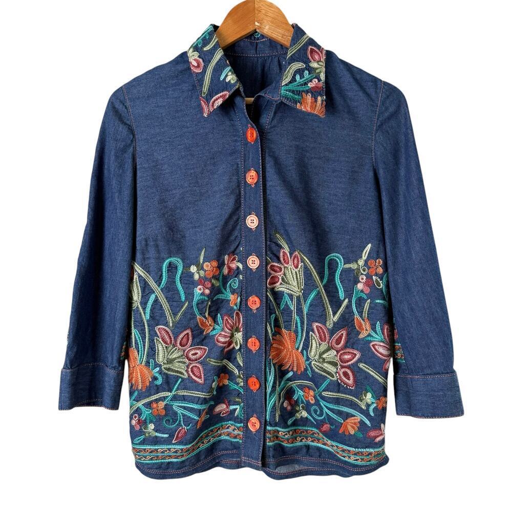 Vintage Floral Embroidered Denim Shirt Orange Button Multicolor Embroidery, M‎